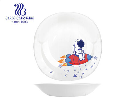 10.5 inches heat resistant opal glassware flat dinner plate with customized astronaut design 