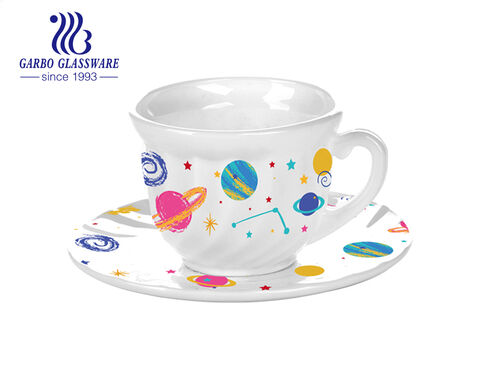 Venta caliente en la India Taza de vidrio opal de vidrio blanco de 190 ml con platillo