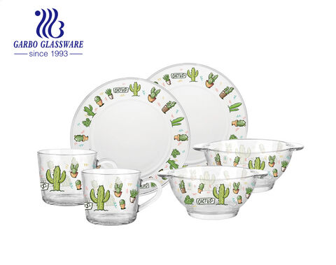 The cartoon design of the glassware set with plate bowl and cups