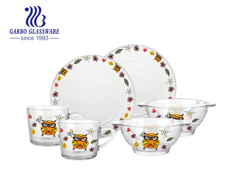 Impression de décalcomanie de dessin animé en stock ensemble de dîner bol en verre avec assiette et tasse