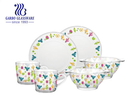 Stampa di decalcomanie di cartone animato in stock set da cena set di ciotole in vetro con piatto e tazza