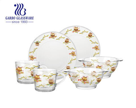 Animal cartoon fresh design glassware set with 7.5inches plates 6.5 inches bowl and 430ml mugs