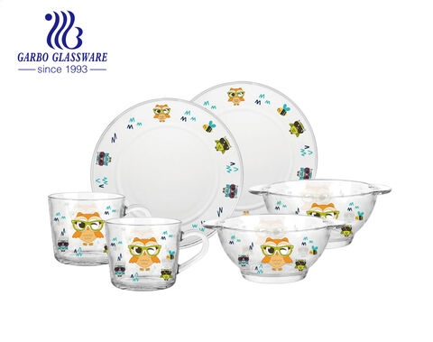 Animal cartoon fresh design glassware set with 7.5inches plates 6.5 inches bowl and 430ml mugs