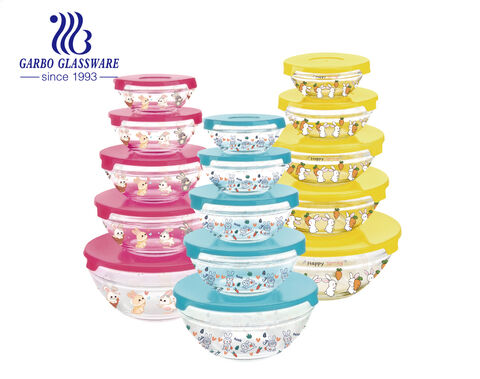Special edition rabbit decal printing glass salad bowls sets of 5pcs