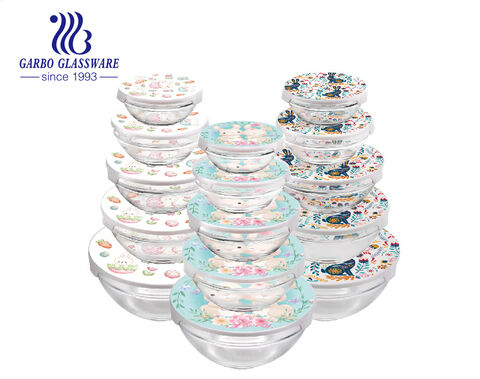 5oz/8oz/12oz/19oz/32oz glass food bowls set with heat transfer print on lid