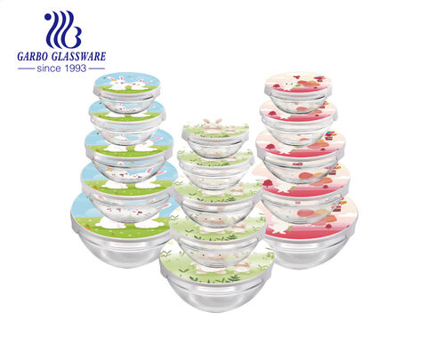 5oz/8oz/12oz/19oz/32oz glass food bowls set with heat transfer print on lid