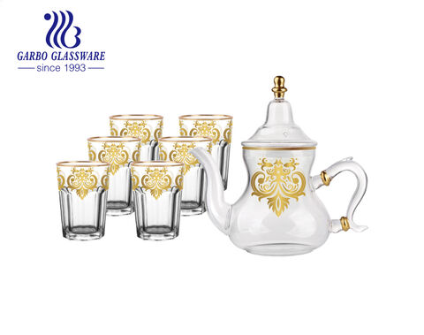 طقم إبريق شاي على الطراز العربي مكون من 7 قطع مصنوع يدويًا مع ملصق ذهبي مخصص للاستخدام المنزلي في الفنادق