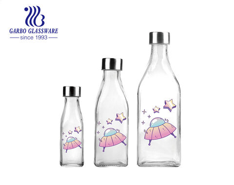 Bottiglie di vetro a forma quadrata di vendita calda con decalcomanie alla moda