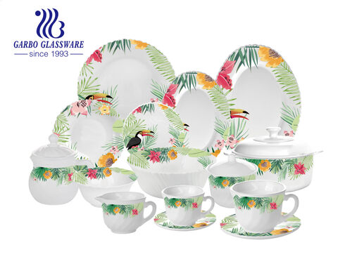 Tropical forest decal design heat resistant 58pcs white opal dinner set 