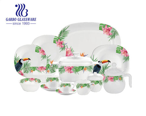 Square shape Tropical forest decal design tempered microwave safe 58 pcs opal glass dinner set
