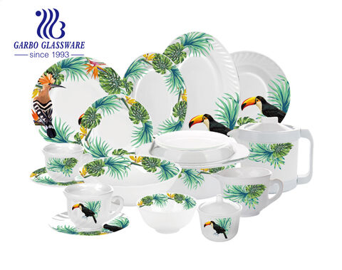 Quadratisches Tropenwald-Aufkleber-Design, gehärtet, mikrowellengeeignet, 58-teiliges Opalglas-Geschirrset