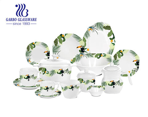 Diseño de calcomanía de bosque tropical de forma cuadrada, apto para microondas templado, juego de cena de vidrio opal de 58 piezas