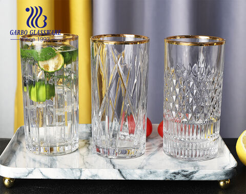 Exclusive vertical stripes diamond moulds 14oz drinking glass cups with gold rim