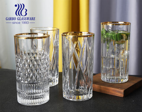 Exclusive vertical stripes diamond moulds 14oz drinking glass cups with gold rim