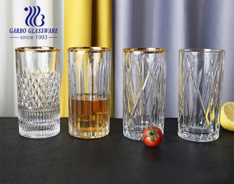 Exclusive vertical stripes diamond moulds 14oz drinking glass cups with gold rim