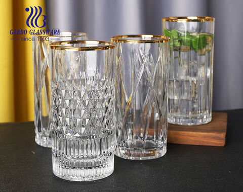 Exclusive vertical stripes diamond moulds 14oz drinking glass cups with gold rim