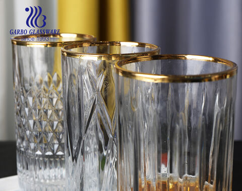 Exclusive vertical stripes diamond moulds 14oz drinking glass cups with gold rim