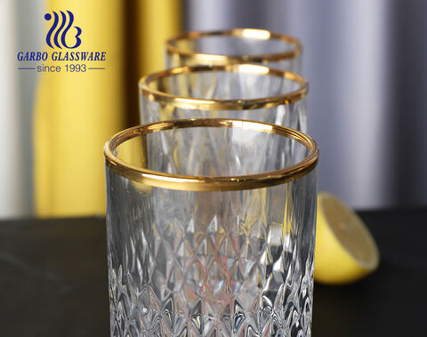 Exclusive vertical stripes diamond moulds 14oz drinking glass cups with gold rim