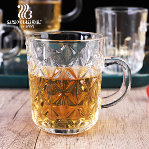 New design 8oz 230ml small size glass tea mug with 4 designs