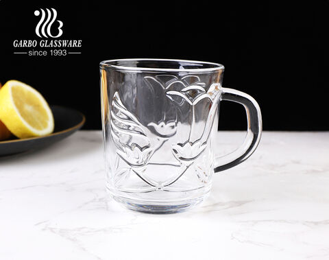 Classic 8oz transparent glass tea mug with plants and fruits embossings