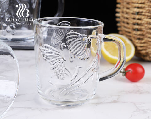 Classic 8oz transparent glass tea mug with plants and fruits embossings