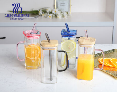 370ml 13oz high borosilicate glass juice mug with straw and plastic lid