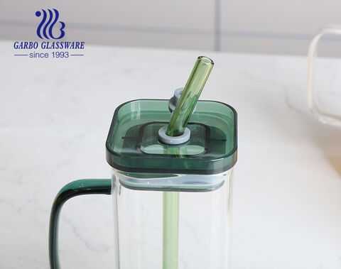 370ml 13oz high borosilicate glass juice mug with straw and plastic lid