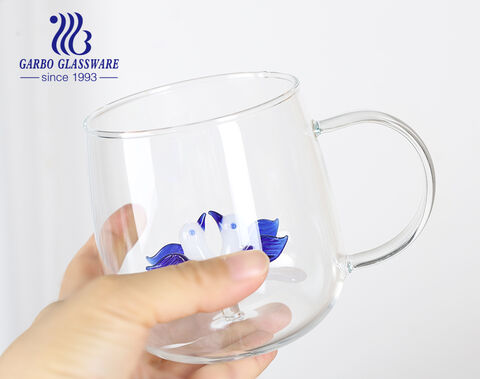 High borosilicate single-wall glass mug with colored handle plastic customized pattern design inside