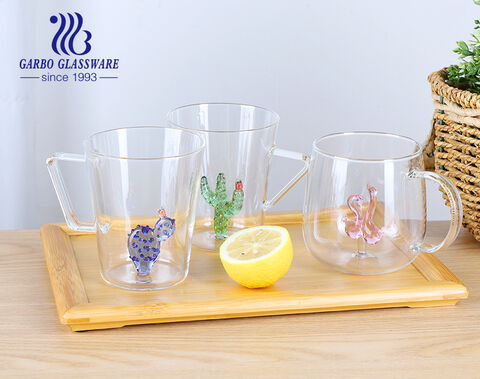 High borosilicate single-wall glass mug with colored handle plastic customized pattern design inside