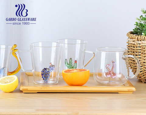 High borosilicate single-wall glass mug with colored handle plastic customized pattern design inside