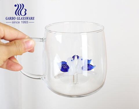 High borosilicate single-wall glass mug with colored handle plastic customized pattern design inside