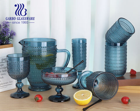 Unfading solid color blue glassware products with bead embossing