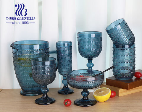 Unfading solid color blue glassware products with bead embossing