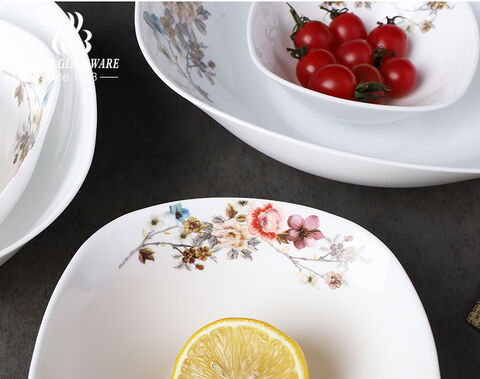 Elegantly White Opal Glass Salad Bowl with decal