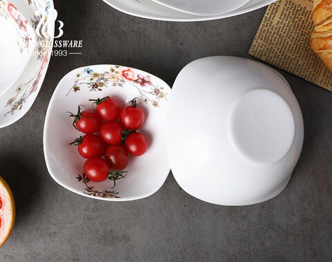 Elegantly White Opal Glass Salad Bowl with decal