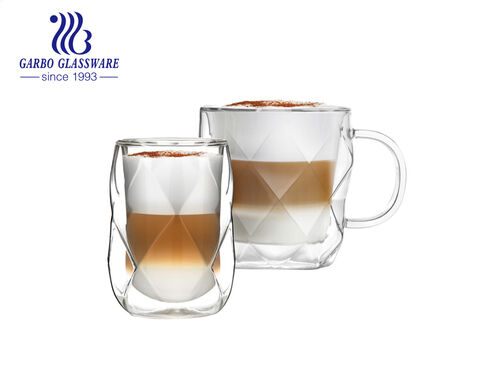 350ML high borosilicate double wall glass coffee milk mug with embossed diamond design