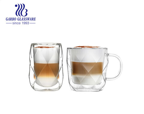 350ML high borosilicate double wall glass coffee milk mug with embossed diamond design