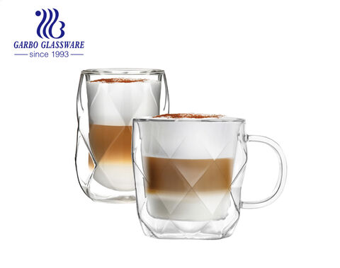 350ML high borosilicate double wall glass coffee milk mug with embossed diamond design