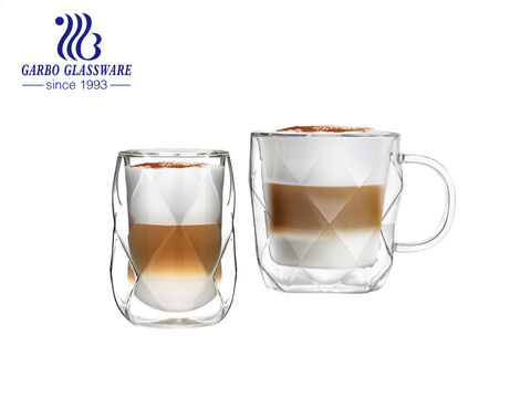 350ML high borosilicate double wall glass coffee milk mug with embossed diamond design