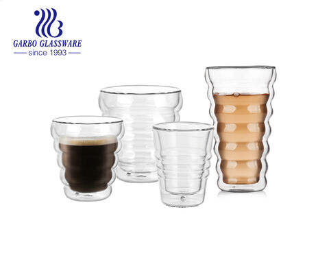 Tasse à café en verre à double paroi à haute teneur en borosilicate de 350ML avec motif en diamant en relief