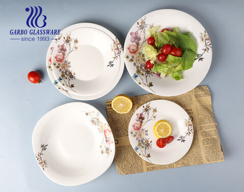 Table de dîner de plaque de verre opale de haute qualité d'usine en gros avec la fleur adaptée aux besoins du client