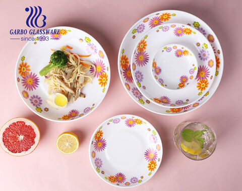 5pcs novos designs China conjunto de jantar de vidro opala branco com design de flores para mesa