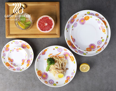 5pcs novos designs China conjunto de jantar de vidro opala branco com design de flores para mesa