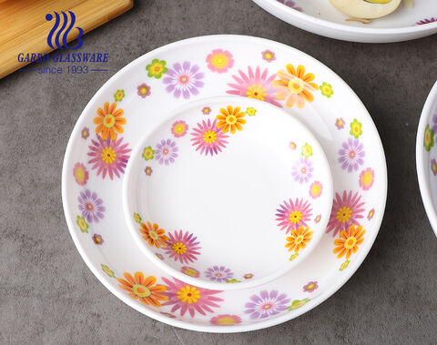 5pcs novos designs China conjunto de jantar de vidro opala branco com design de flores para mesa