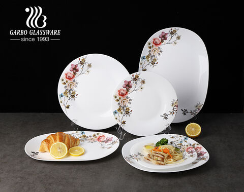 Assiette à dîner en verre opale blanc de 14 '' en gros avec un design de fleur de fleur