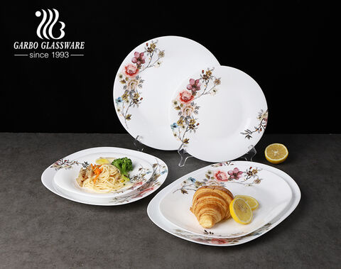 Plato de cena de cristal de ópalo blanco de fábrica al por mayor de 14 pulgadas con diseño floral