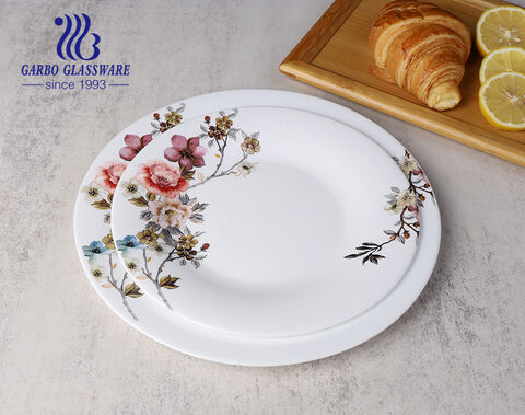 14'' wholesale factory white opal glass dinner plate with bloom flower design