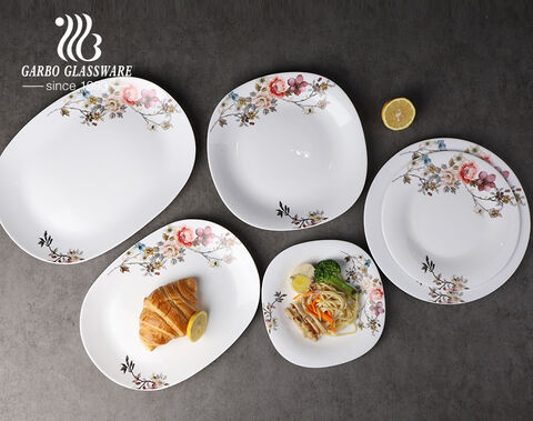 14'' wholesale factory white opal glass dinner plate with bloom flower design