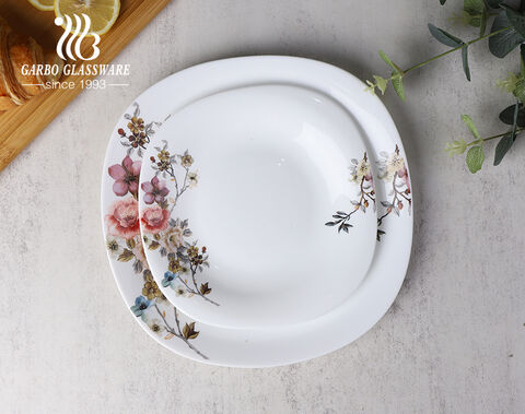 Nhà máy bán buôn 14 '' đĩa ăn tối bằng thủy tinh opal trắng với thiết kế hoa nở