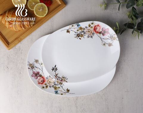 Nhà máy bán buôn 14 '' đĩa ăn tối bằng thủy tinh opal trắng với thiết kế hoa nở